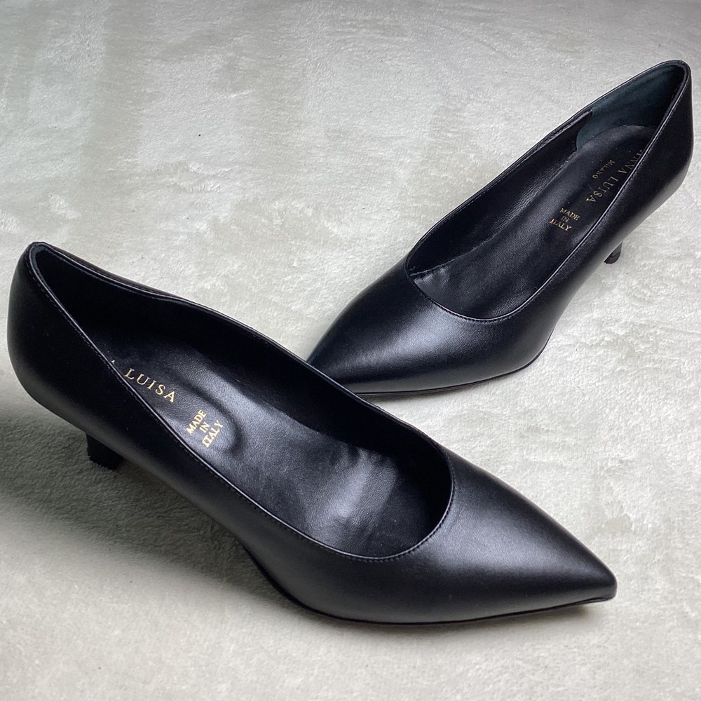 Anna Luisa Milano Black Leather Pointed Toe Kitten Heel Pumps Made in Italy 8M